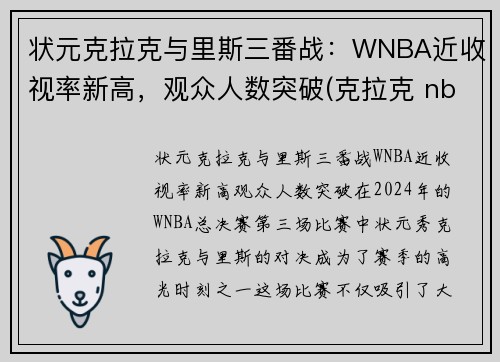 状元克拉克与里斯三番战：WNBA近收视率新高，观众人数突破(克拉克 nba)