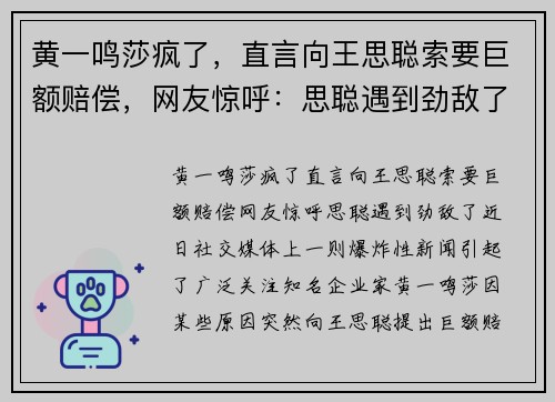 黄一鸣莎疯了，直言向王思聪索要巨额赔偿，网友惊呼：思聪遇到劲敌了！